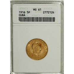 Cuba Republic gold 5 Pesos 1916, KM19, MS61