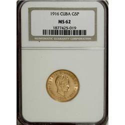 Cuba Republic gold 5 Pesos 1916, KM19, MS62 NGC,