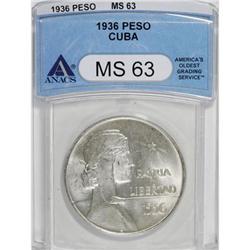 Cuba Republic ABC Peso 1936, KM22, MS63 ANACS,