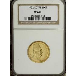 Egypt Fuad gold 100 Piastres 1922, KM341, MS61
