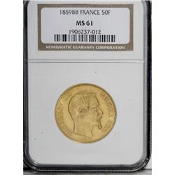 France Napoleon III gold 50 Francs 1859BB,