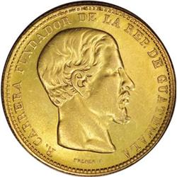 Guatemala Republic gold 16 Pesos 1869R, KM188,