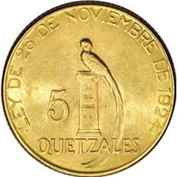 Guatemala Republic gold 5 Quetzales 1926, KM244,