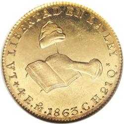 Mexico Republic Hand on Book gold 4 Escudos 1863