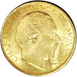 Monaco Charles III gold 20 Francs 1878A, KM98,