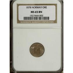 Norway Oscar II Ore 1878, KM352, MS65 BN NGC, a