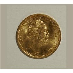 Sweden Oscar II gold 20 Kronor 1889-EB, KM748,