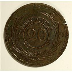 Uruguay Republic 20 Centesimos 1854, KM2.3,