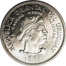 Uruguay Republic 10 Pesos 1961, KM43, nice Proof