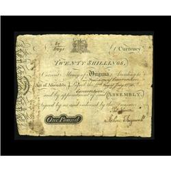 Virginia July 17, 1775 20s Very Fine.