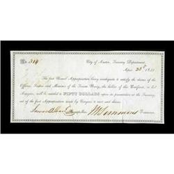 Austin, TX- Republic of Texas $50 Navy Warrant