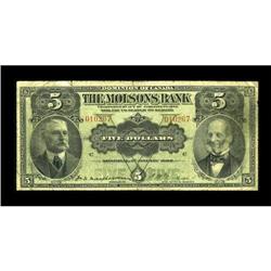 Montreal, PQ- The Molsons Bank $5 Jan. 2, 1908