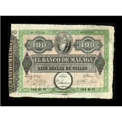 Spain El Banco de Malaga 100 Reales De Vellon ND
