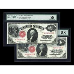 Fr. 39 $1 1917 Legal Tender Consecutvie Pair PMG