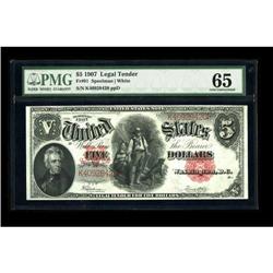 Fr. 91 $5 1907 Legal Tender PMG Gem Uncirculated