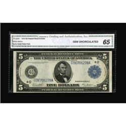 Fr. 859a $5 1914 Federal Reserve Note CGA Gem
