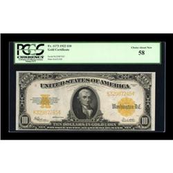 Fr. 1173 $10 1922 Gold Certificate PCGS Choice