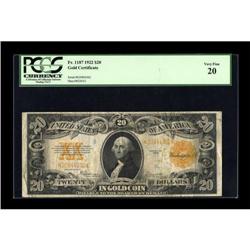 Fr. 1187 $20 1922 Gold Certificate PCGS Very