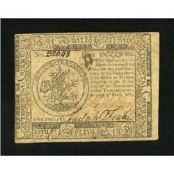 Continental Currency May 10, 1775 $5 Extremely