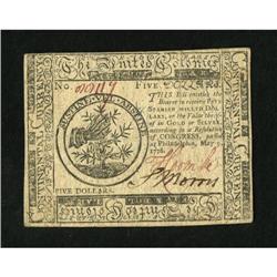Continental Currency May 9, 1776 $5 Very Fine.