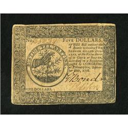 Continental Currency September 26, 1778 $5 Very