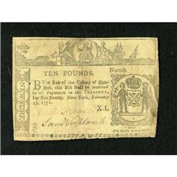 New York February 16, 1771 £10 Extremely Fine.