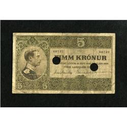 Iceland 5 Kronur 1885 and 1900 (1912) Pick 7b
