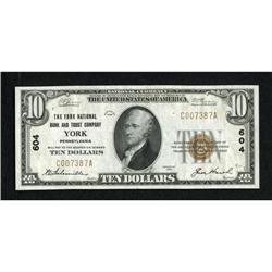 York, PA - $10 1929 Ty. 1 The York NB Ch. # 604