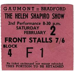 Helen Shapiro/Beatles Ticket. A used ticket for