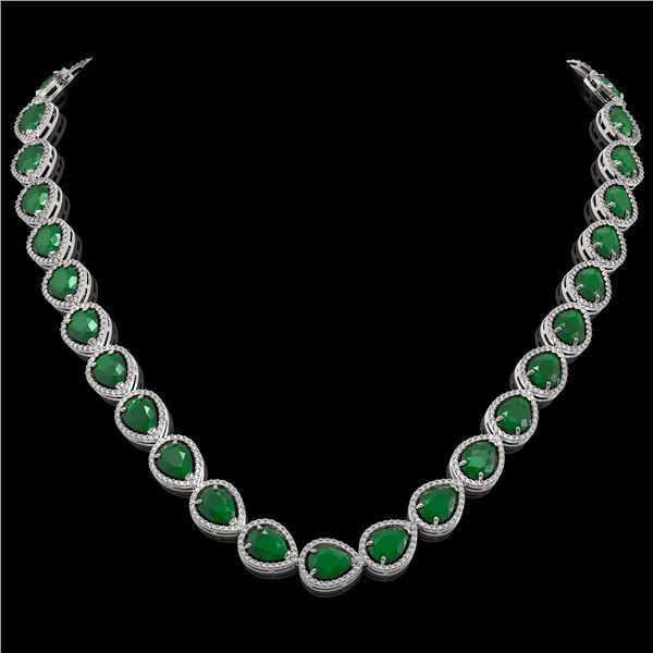 64.01 ctw Emerald & Diamond Micro Pave Halo Necklace 10k White Gold - REF-854X5A