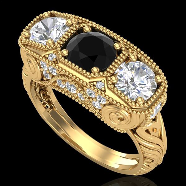 2.51 ctw Fancy Black Diamond Art Deco 3 Stone Ring 18k Yellow Gold - REF-309A3N