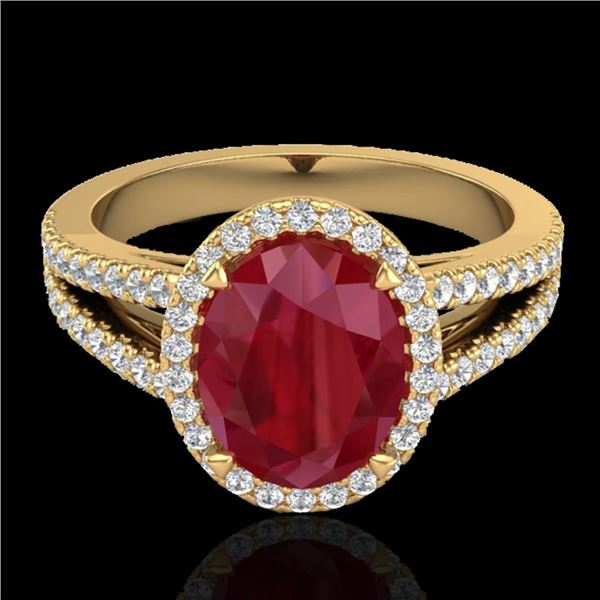 3 ctw Ruby & Micro Pave VS/SI Diamond Halo Ring 18k Yellow Gold - REF-78W2H