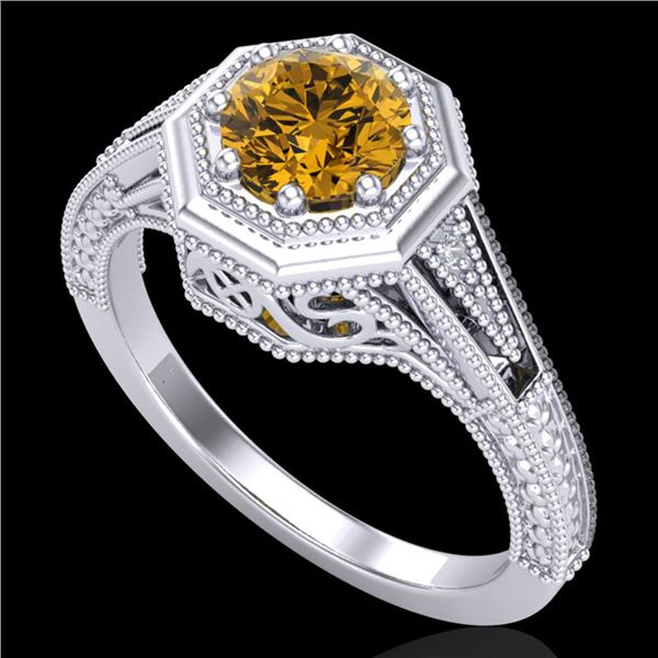 0.84 ctw Intense Fancy Yellow Diamond Art Deco Ring 18k White Gold - REF-161H8R