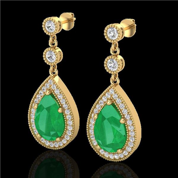 6 ctw Emerald & Micro Pave VS/SI Diamond Earrings 18k Yellow Gold - REF-93X8A