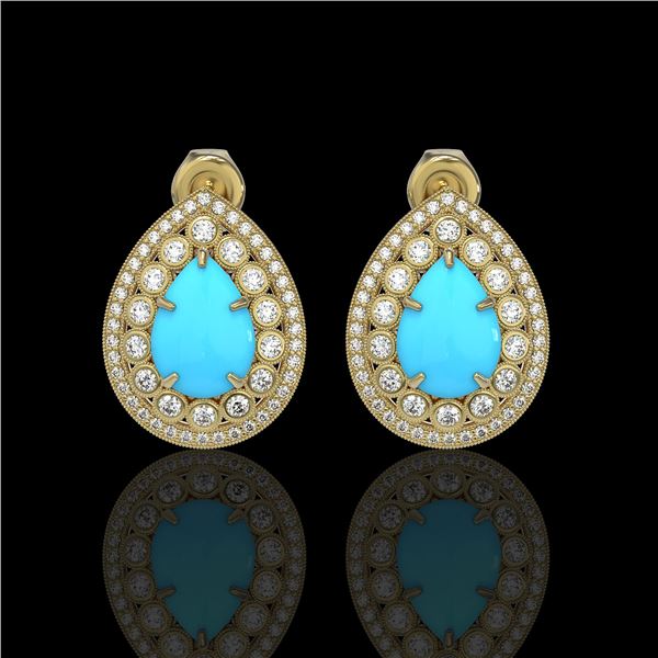 7.54 ctw Turquoise & Diamond Victorian Earrings 14K Yellow Gold - REF-218M2G