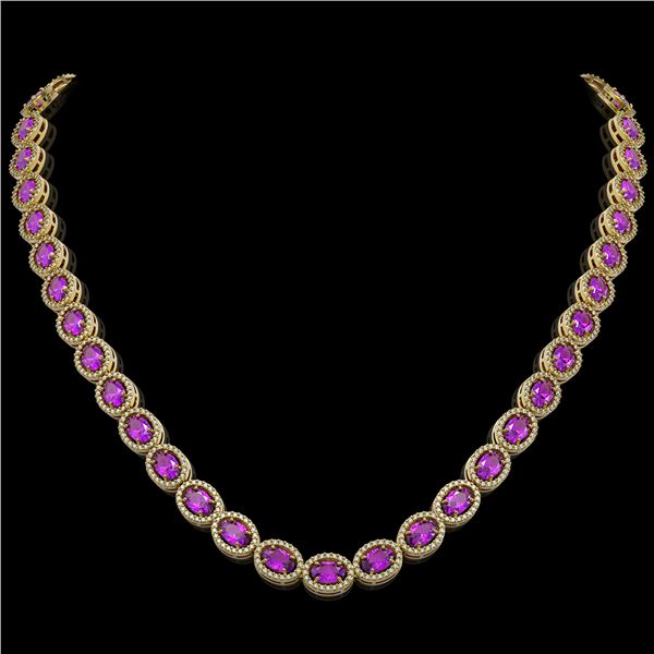 29.38 ctw Amethyst & Diamond Micro Pave Halo Necklace 10k Yellow Gold - REF-600M2G