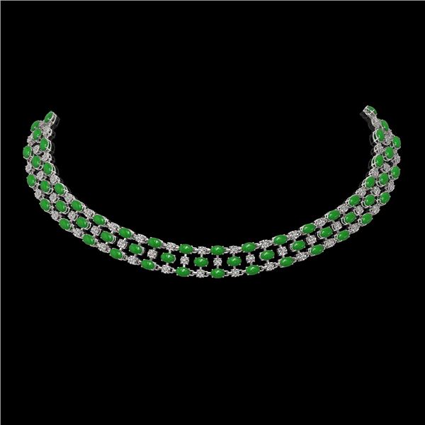 63.65 ctw Jade & Diamond Necklace 10K White Gold - REF-527K3Y