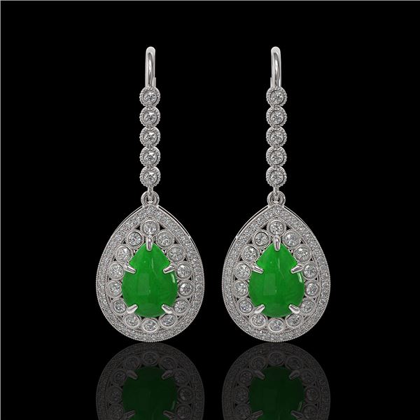 8.15 ctw Jade & Diamond Victorian Earrings 14K White Gold - REF-241H6R