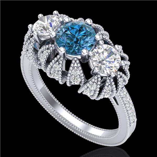 2.26 ctw Intense Blue Diamond Art Deco Micro Pave Ring 18k White Gold - REF-254X5A