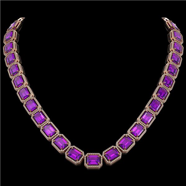 76.69 ctw Amethyst & Diamond Micro Pave Halo Necklace 10k Rose Gold - REF-711F3M