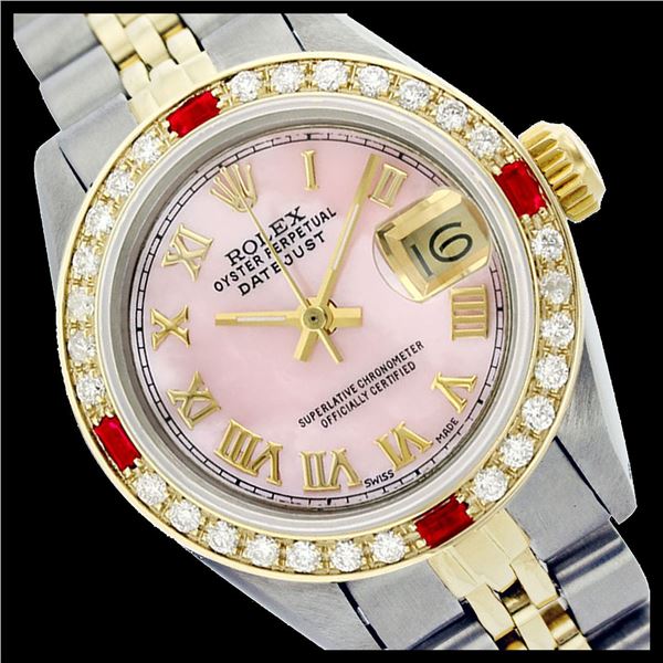 Rolex Ladies Two Tone 14K Gold/ss, Roman Dial with Diam/Ruby Bezel, Sapphire Crystal