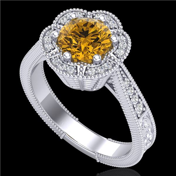 1.33 ctw Intense Fancy Yellow Diamond Art Deco Ring 18k White Gold - REF-227Y3X