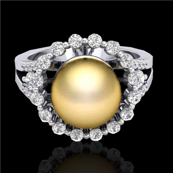 0.83 CT Micro Pave VS/SI Diamond & Golden Pearl Ring 18k White Gold - REF-85M5G