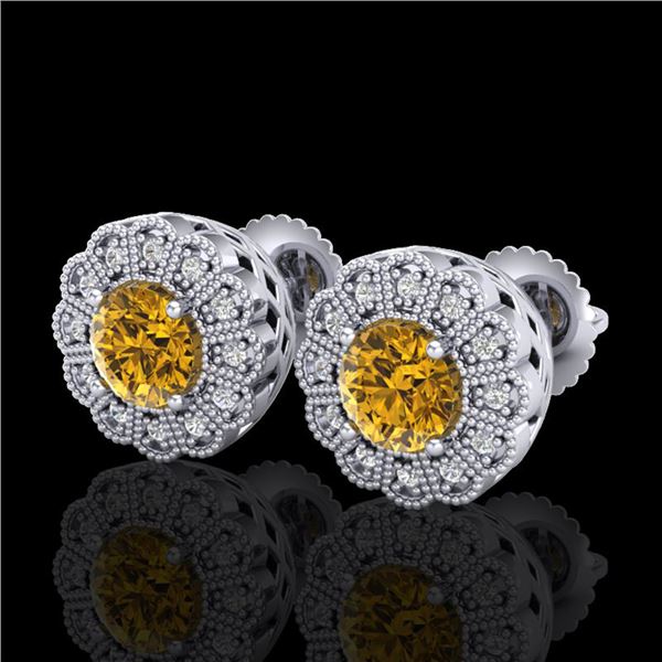 1.32 ctw Intense Fancy Yellow Diamond Art Deco Earrings 18k White Gold - REF-218K2Y