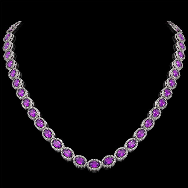 29.38 ctw Amethyst & Diamond Micro Pave Halo Necklace 10k White Gold - REF-600X2A