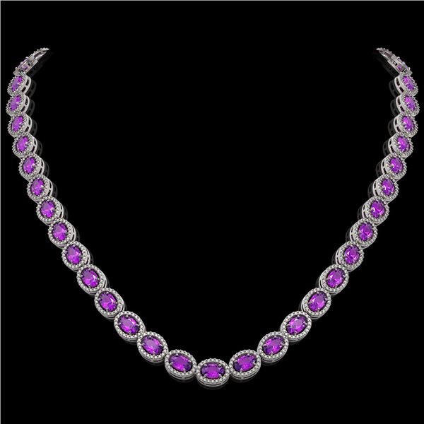 29.38 ctw Amethyst & Diamond Micro Pave Halo Necklace 10k White Gold - REF-600X2A