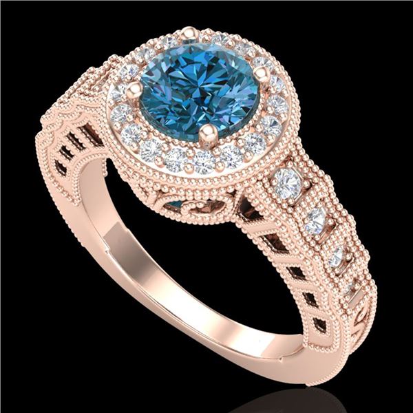 1.53 ctw Fancy Intense Blue Diamond Art Deco Ring 18k Rose Gold - REF-236N4F