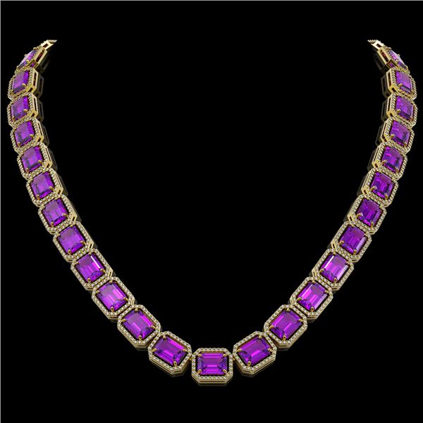 76.69 ctw Amethyst & Diamond Micro Pave Halo Necklace 10k Yellow Gold - REF-711G3W