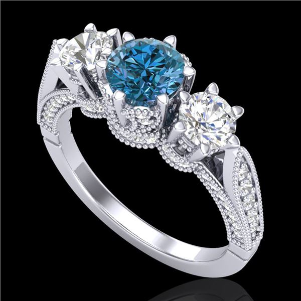 2.18 ctw Intense Blue Diamond Art Deco 3 Stone Ring 18k White Gold - REF-254G5W