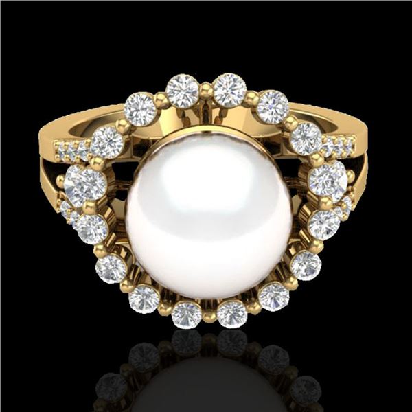 0.83 CT Micro Pave VS/SI Diamond Certified & Pearl Ring 18k Yellow Gold - REF-84X5A